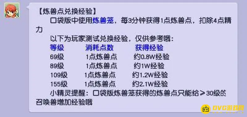 《梦幻西游》炼兽点经验对照