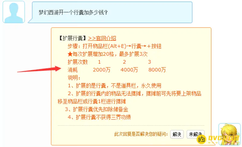《梦幻西游》行囊扩展费用